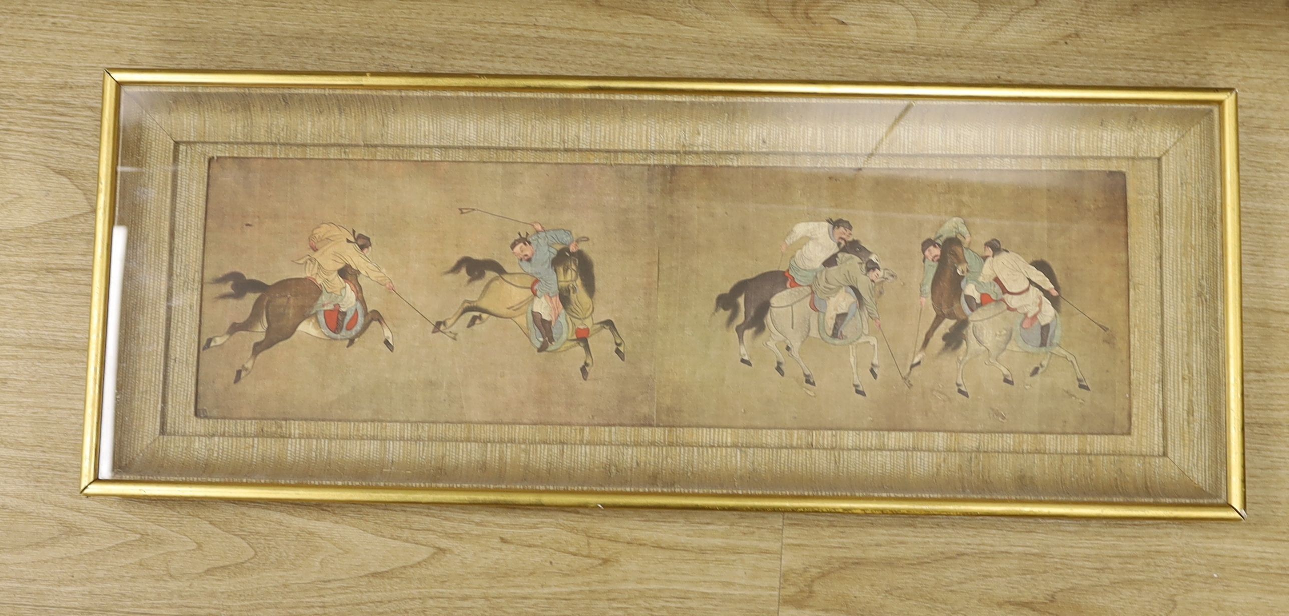 A Chinese silkwork panel of a peacock upon flowering branches, 112 x 35cm and a colour print of Chinese polo players